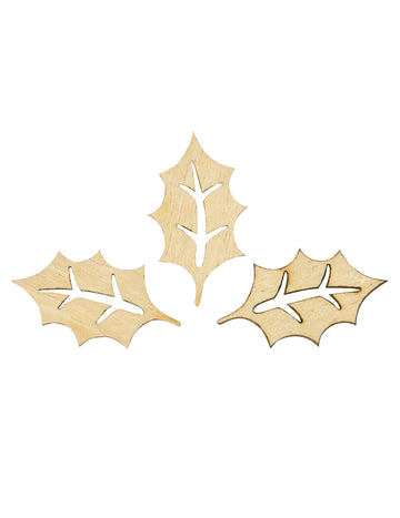 20 Openwork Wood Confetti Holly Leaf 1,8 x 3 cm