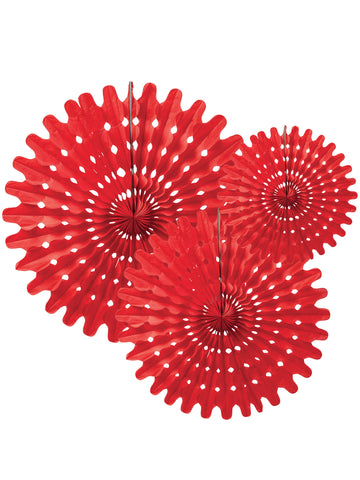 3 Rosettes ve ventilátorech červeného papíru 20, 25 a 30 cm