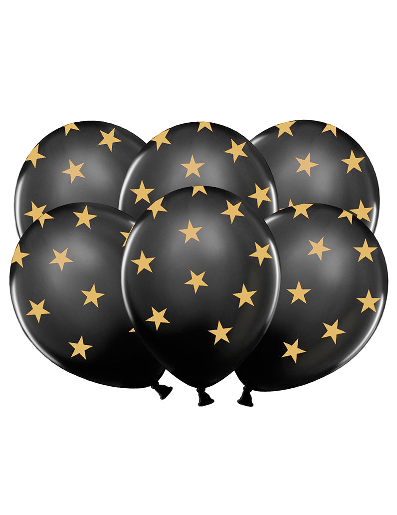 6 Black Latex Balloons Golden Stars 30 cm