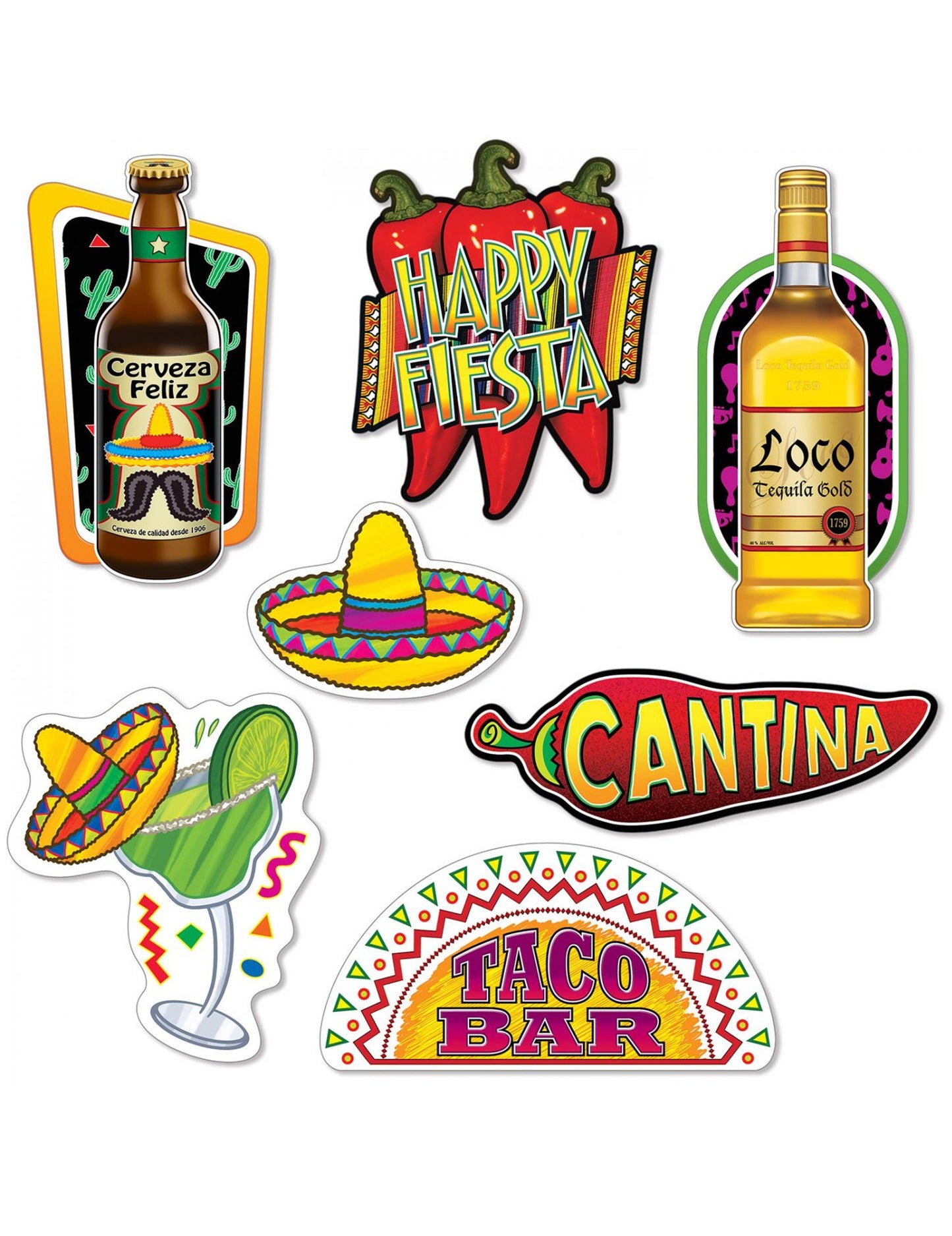 7 Fiesta Mexican Carton CutOuts 22 - 40 cm