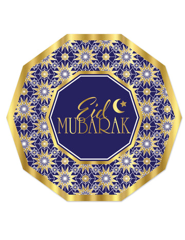 8 Eid Mubarak Blue and Gold Cardboard Destička 23 cm