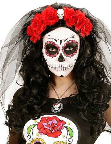 Červené květiny Cap s Death Head Woman Dia de los Muertos