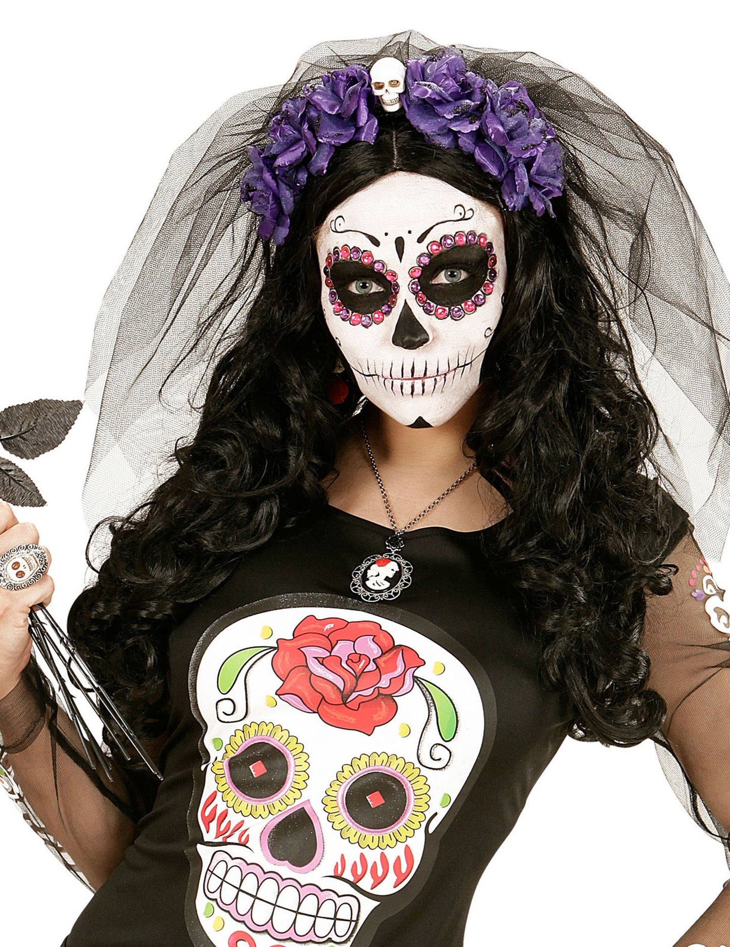 Fialové květiny Cap s Death Head Woman Dia de los muertos