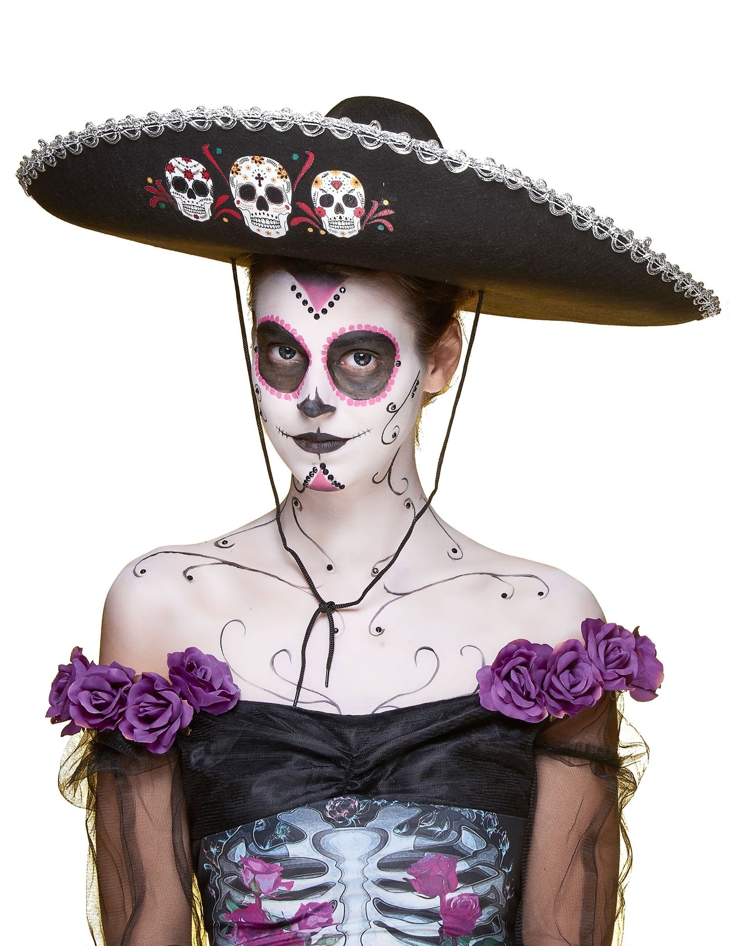 Černý sombrero dia de los muertos dospělé stříbro